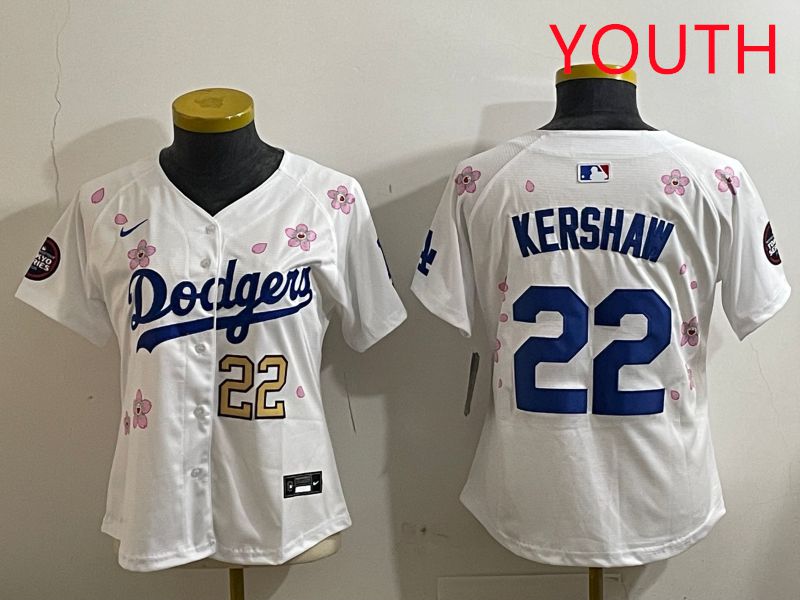 Youth Los Angeles Dodgers #22 Kershaw White Sakura Edition 2025 Nike MLB Jersey style 4->youth mlb jersey->Youth Jersey